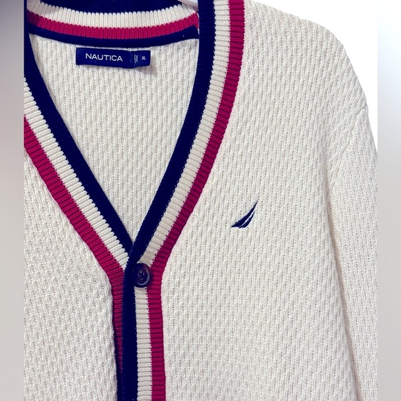 Nautica Cardigan Sweater Cotton Mens Sz XL Navy Crimson Trim Preppy Vintage - Picture 3 of 8